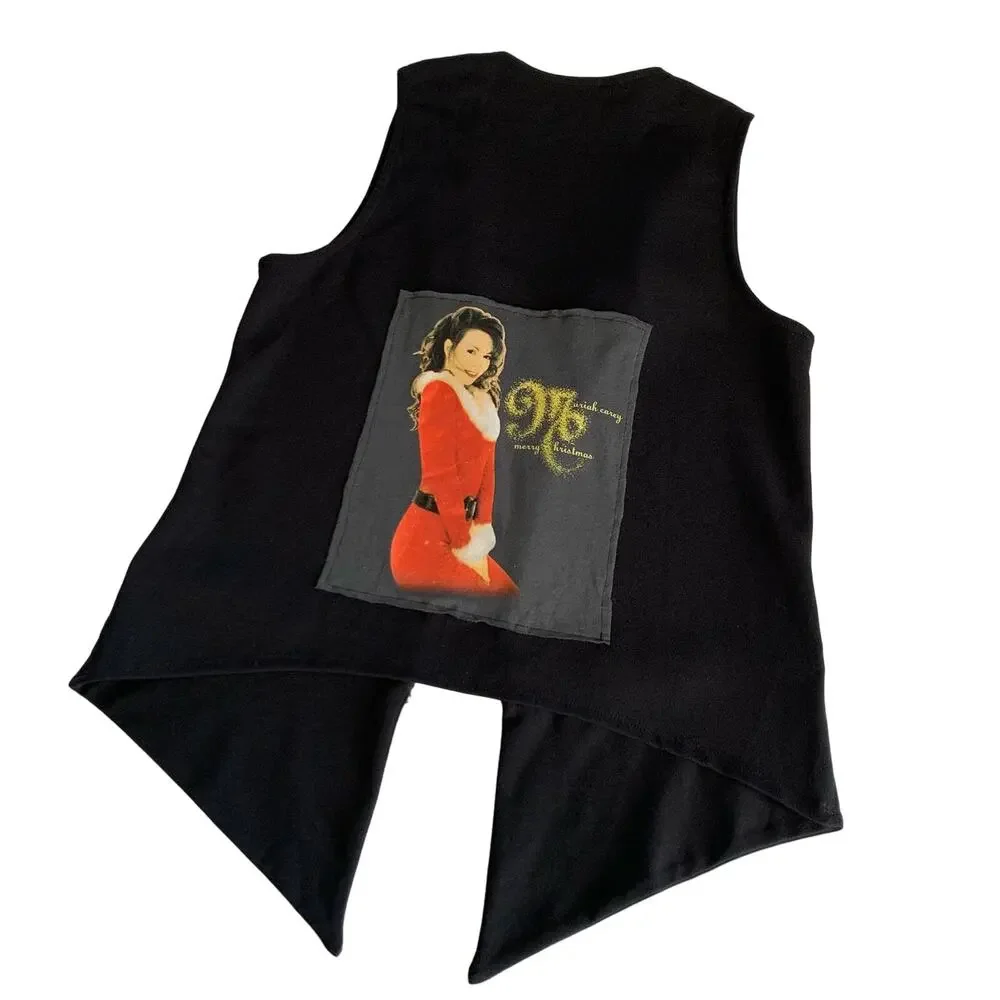 Reworked Apparel Mariah Carey Christmas Graphic Black Custom Upcycled Vest Small